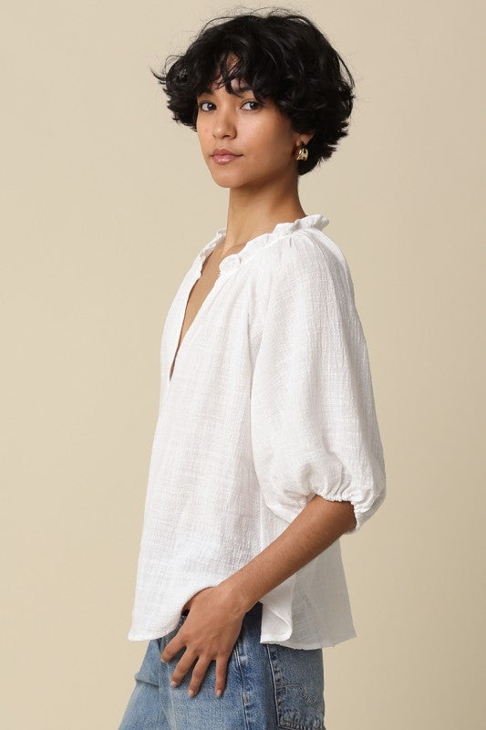 Kimberly Puff-sleeve Cotton V-neck Blouse White