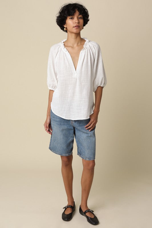 Kimberly Puff-sleeve Cotton V-neck Blouse White