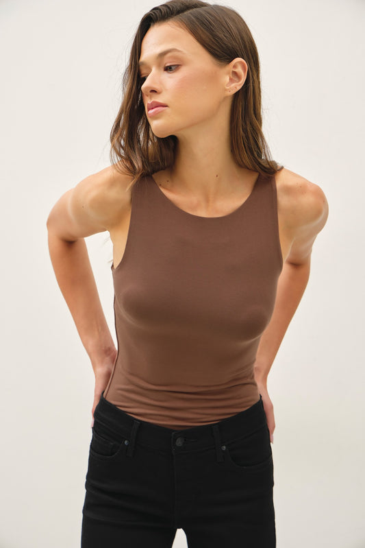 Soft Compression Double Layer Boat Neck Tank Dark Brown