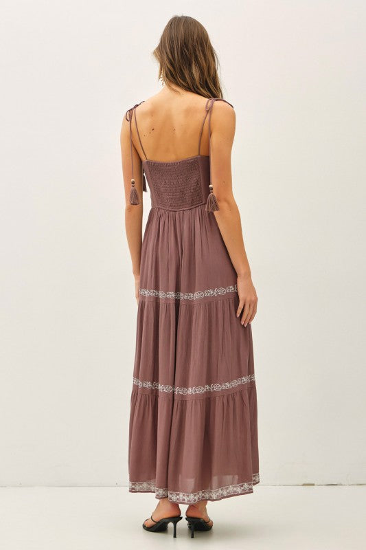 Dawn Embroidery Tiered Maxi Sun Dress Brown