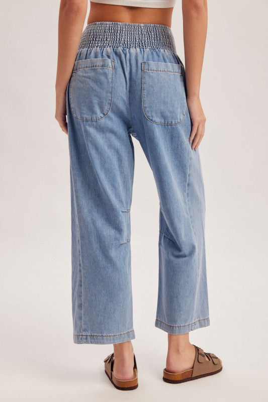 Wendy Wide Smocked Waistband Barrel Cotton Denim Pants
