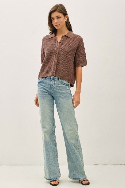 Morgan Boxy Crochet Cotton Button Up Sweater Shirt Coco Brown