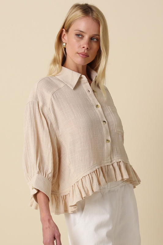 Nicole Cotton Oversized Button Front Ruffle Hem Top