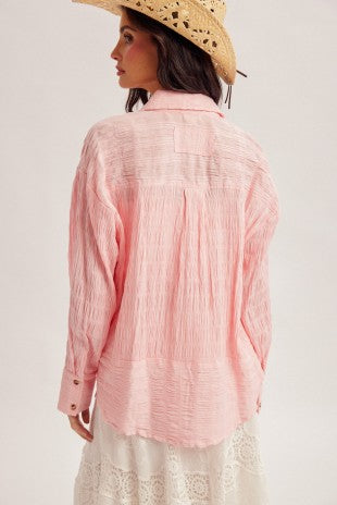 Pamela Textured Fabric Button Down Loose Fit Drop Shoulder Pink Shirt