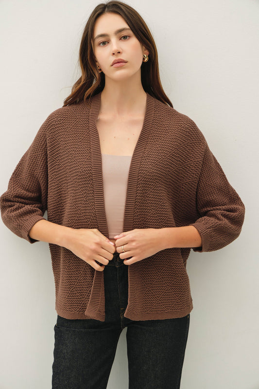 Pamela Dolman 3/4 Sleeve Cotton Open Cardigan Brown