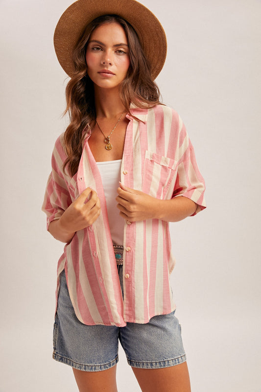Allison Striped Collared V Neck Relaxed Button Down Shirt 2 Colors