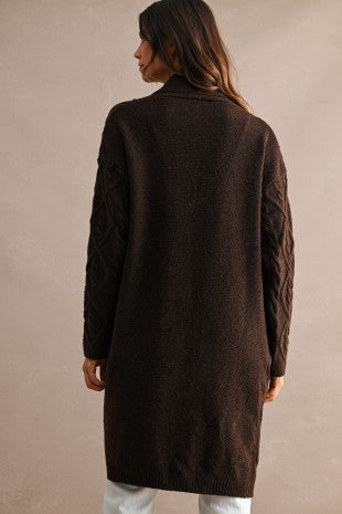 Longline Cable Textured Knit Shawl Collar Espresso Brown Open Cardigan