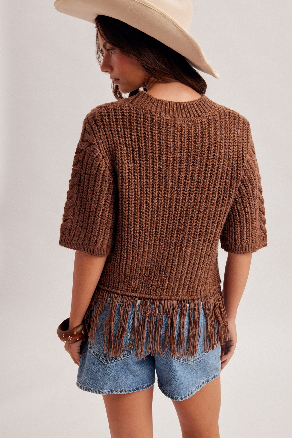 Cable Knit Fringe Hem Crew Neck Brown Sweater