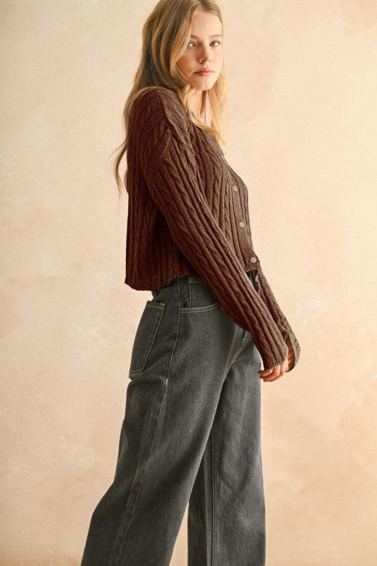 Light Weight Cable Knitted Cardigan Espresso Brown