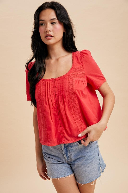 Roize Darling Cotton Lace Inset Top Chili Red