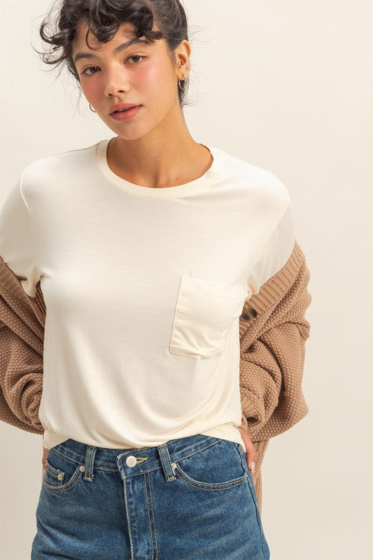 Classic Crew Neck Short Sleeve Pocket Top Cream