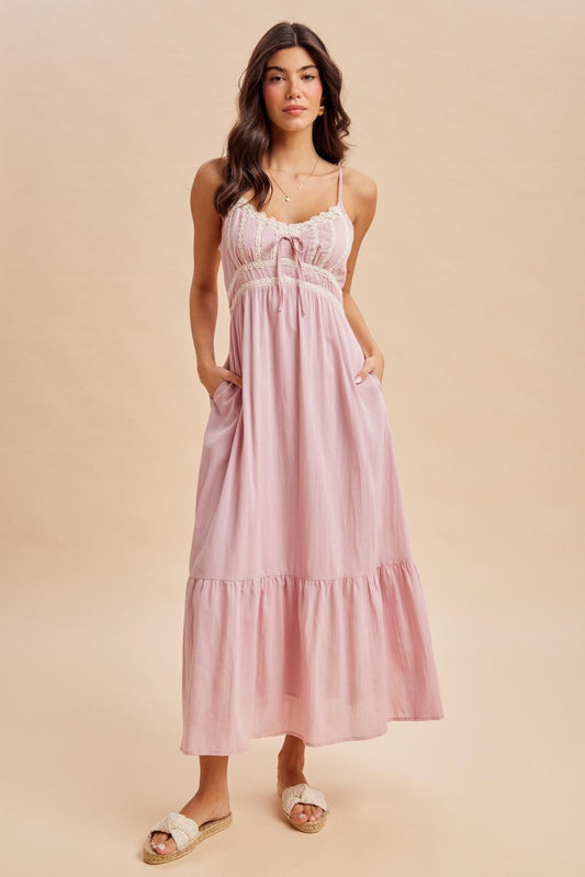 Ashley Lace Detail Cotton Pink Maxi Dress