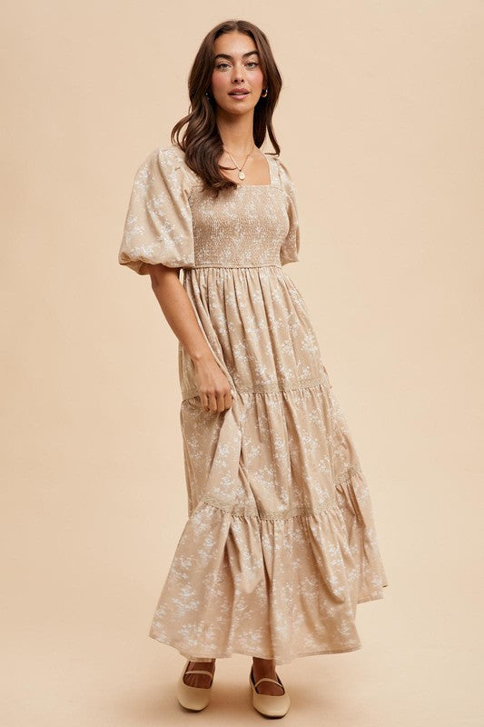 Taupe Floral Smocked Maxi Dress Medium Taupe Floral Smocked Maxi Dress Medium