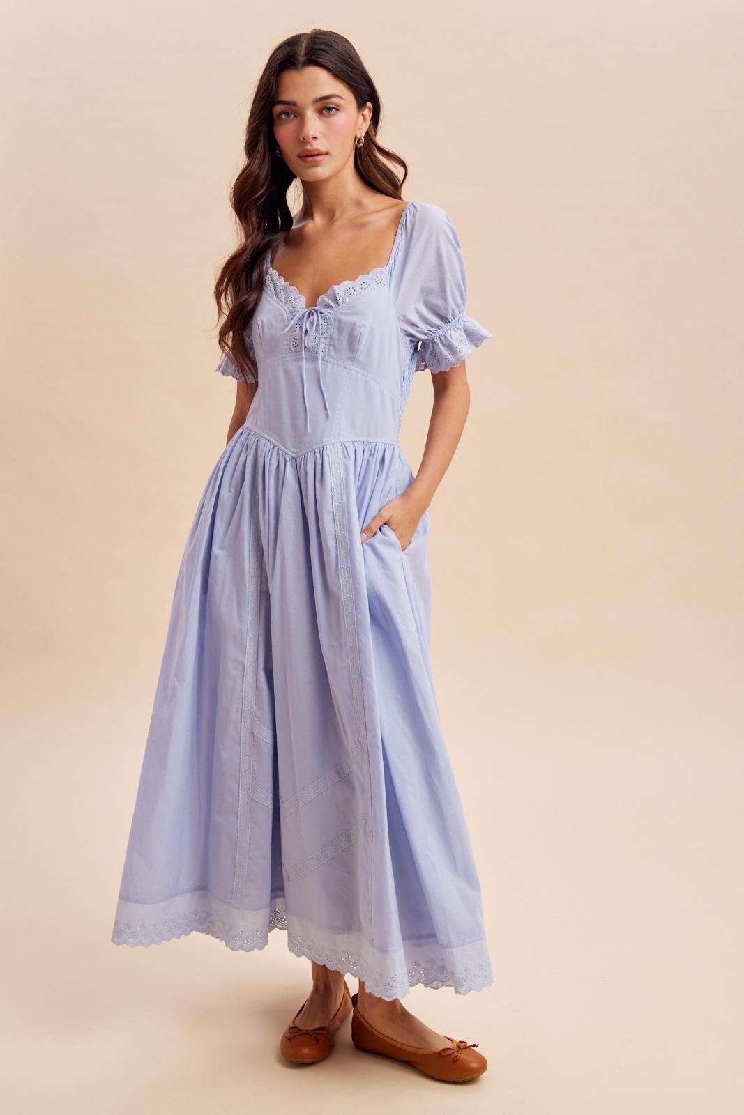 Lace Detail Cotton Blue Aura Maxi Dress Large