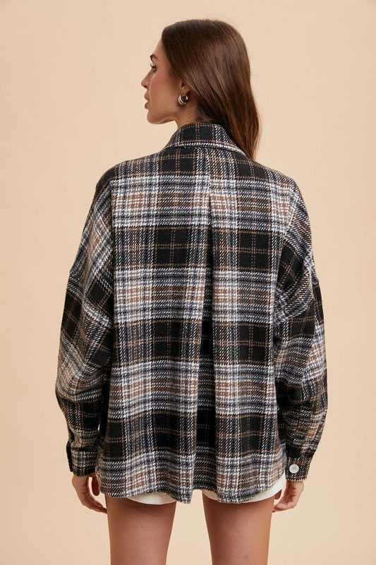 Oversized Plaid Black Brown Button Down Shacket