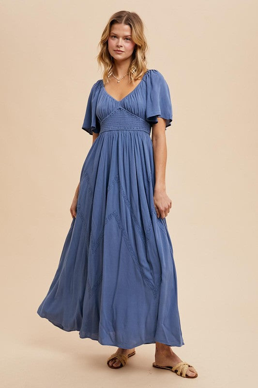 fitted lace wedding dress Sweetheart Neckline Flutter Sleeve Maxi Blue Medium