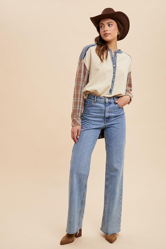 Vintage Washed Oversized Constarst Blue Jean Denim Pllaid Henley Top