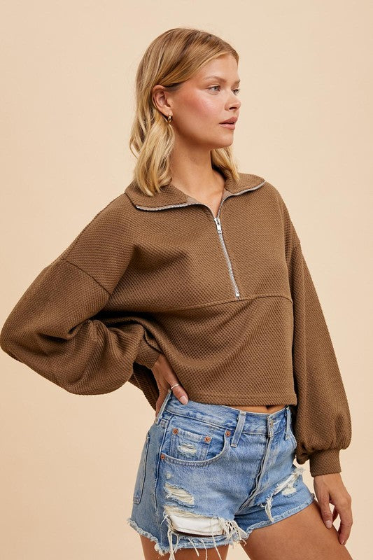 Cotton Thermal Cropped Half Zip Pullover Latte Brown