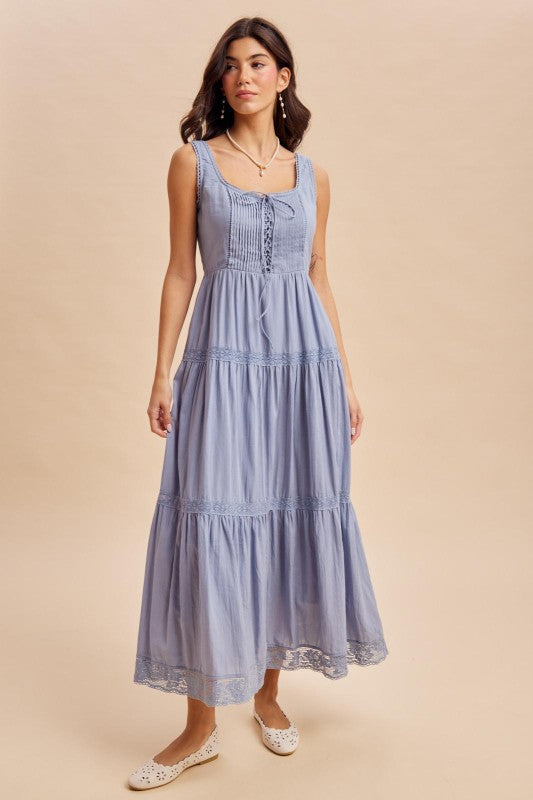 Kass Corset Lace up Romantic Cotton Sleeveless Maxi Dress Blue