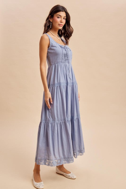 Kass Corset Lace up Romantic Cotton Sleeveless Maxi Dress Blue