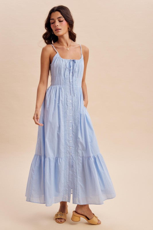 Susan Gathered Cotton Button Down Blue Maxi Dress