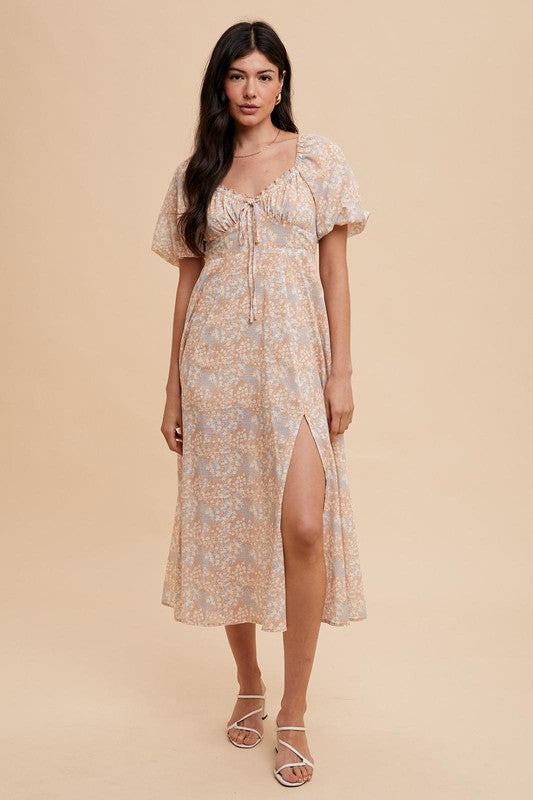 floral dress corset tie back Bardot Cartia corset detailing tie back cotton milkmaid maxi dress in pink floral