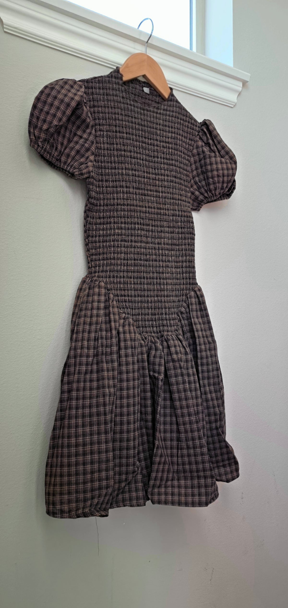 Susan Plaid Smocked Cotton Linen Brown Mini Dress