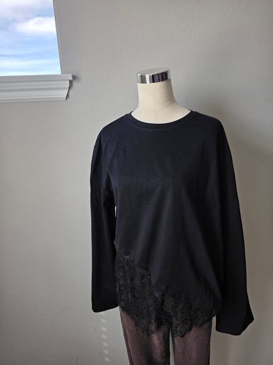 Cotton Asymmetric Lace Trim Black Top