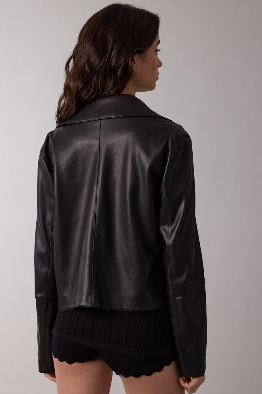 Black Faux Leather Front Double Pockets Jacket Black