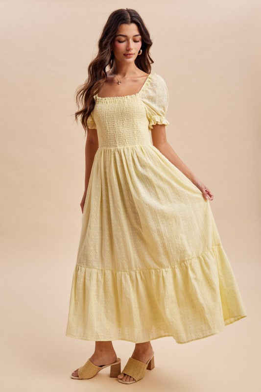 Telesia Smocked Eyelet Lace Yellow Maxi Dress