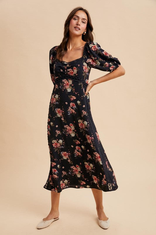 Floral Sweetheart Lace Puff SLEEVE SMOCKED MIDI Dress