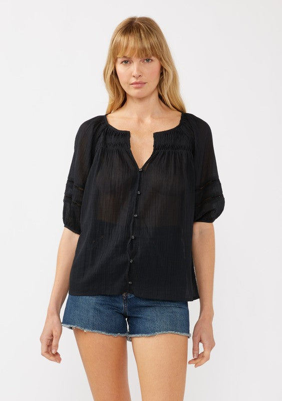 Button Down Pleated Yoke Sheer Top