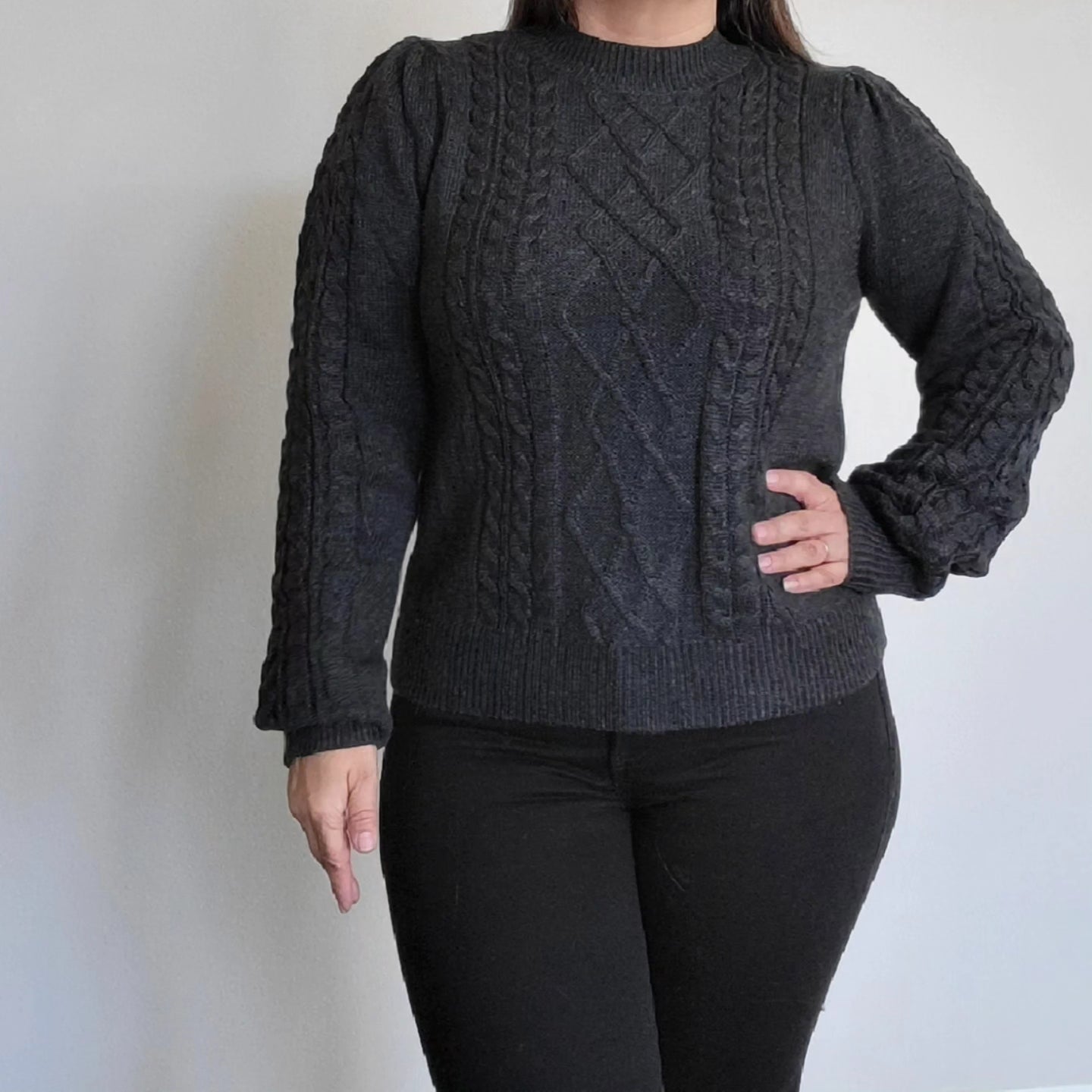 Soft Crew Neck Cable Knit Sweater DARK CHARCOAL