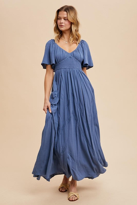 Sweetheart Neckline Flutter Sleeve Maxi Blue