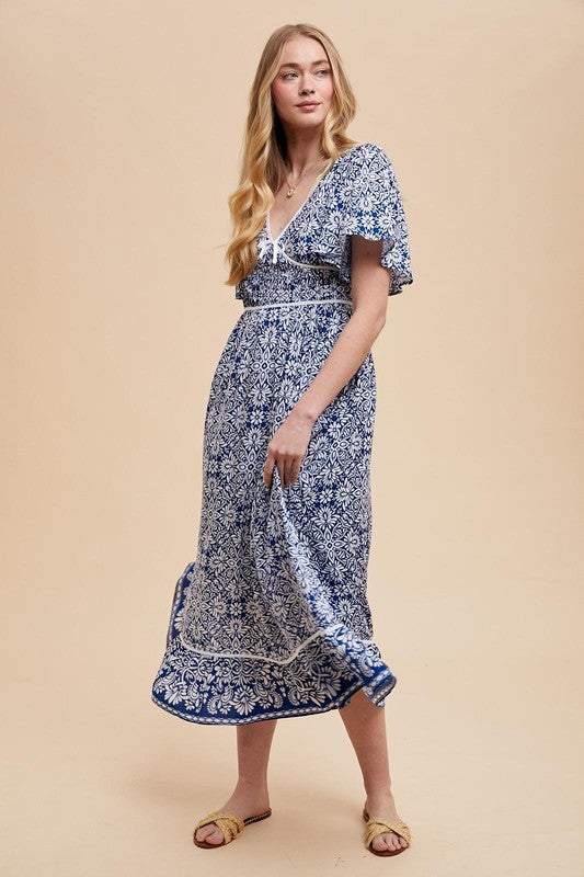 blue floral flutter sleeve dress Floral Flutter Sleeve Resort Dress Blue Small