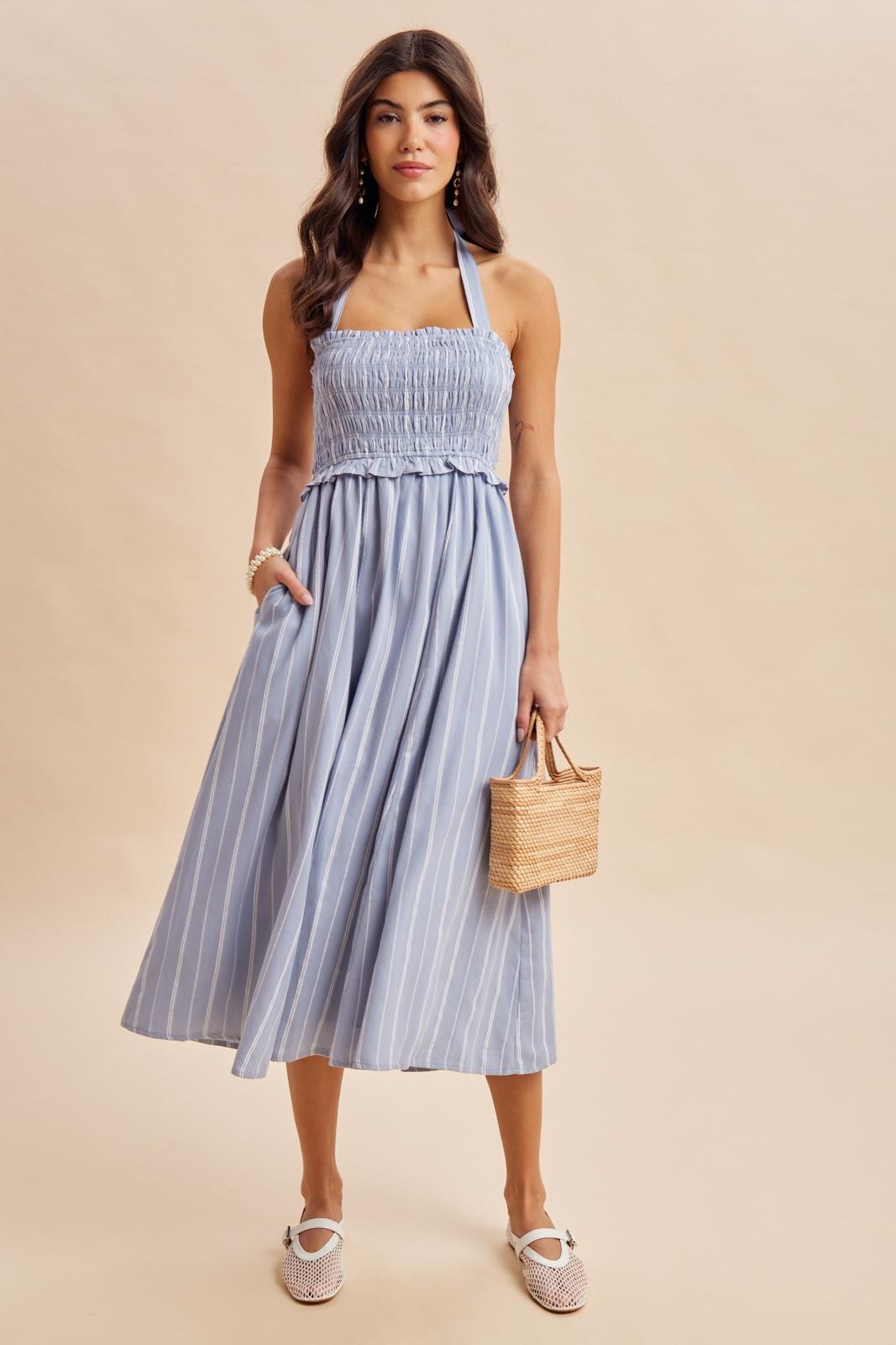 Jennifer Smocked Halter Cotton Midi Dress Small