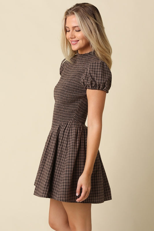 Susan Plaid Smocked Cotton Linen Brown Mini Dress