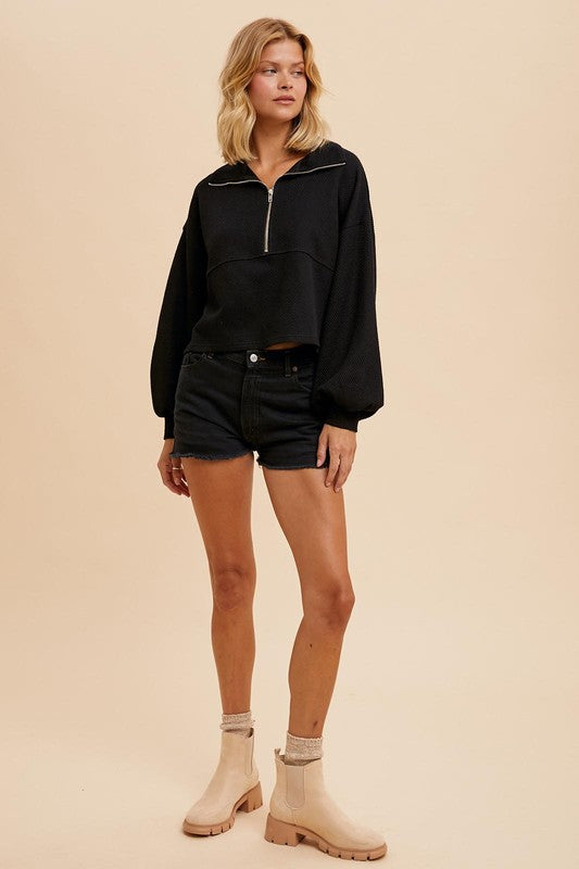 Cotton Thermal Cropped Half Zip Pullover Black