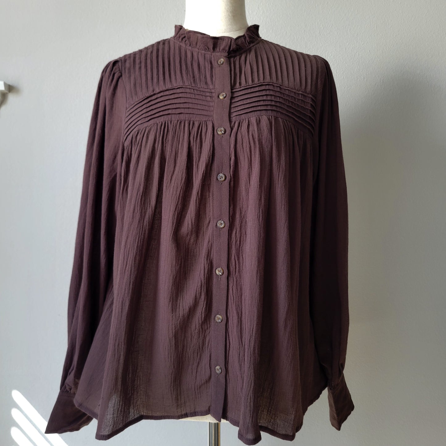 Pintuck Pleated Mock Neck Cotton Blouse Brown