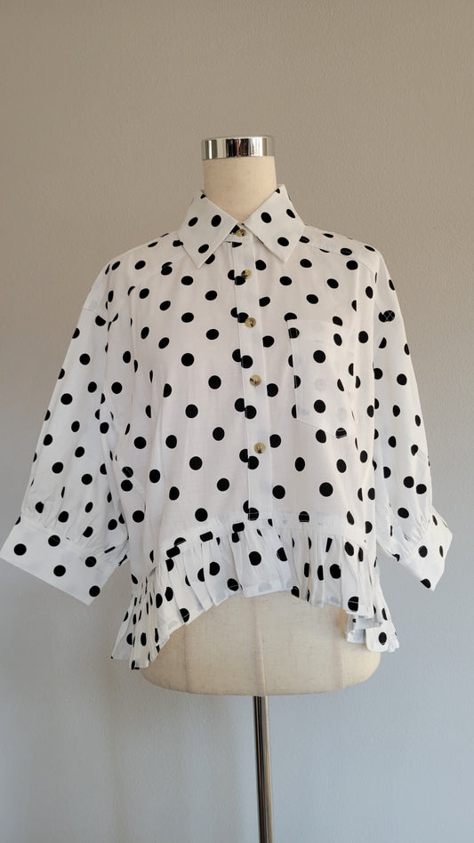 Evelyn Oversized Polka Dot Cotton Ruffle Hem Top