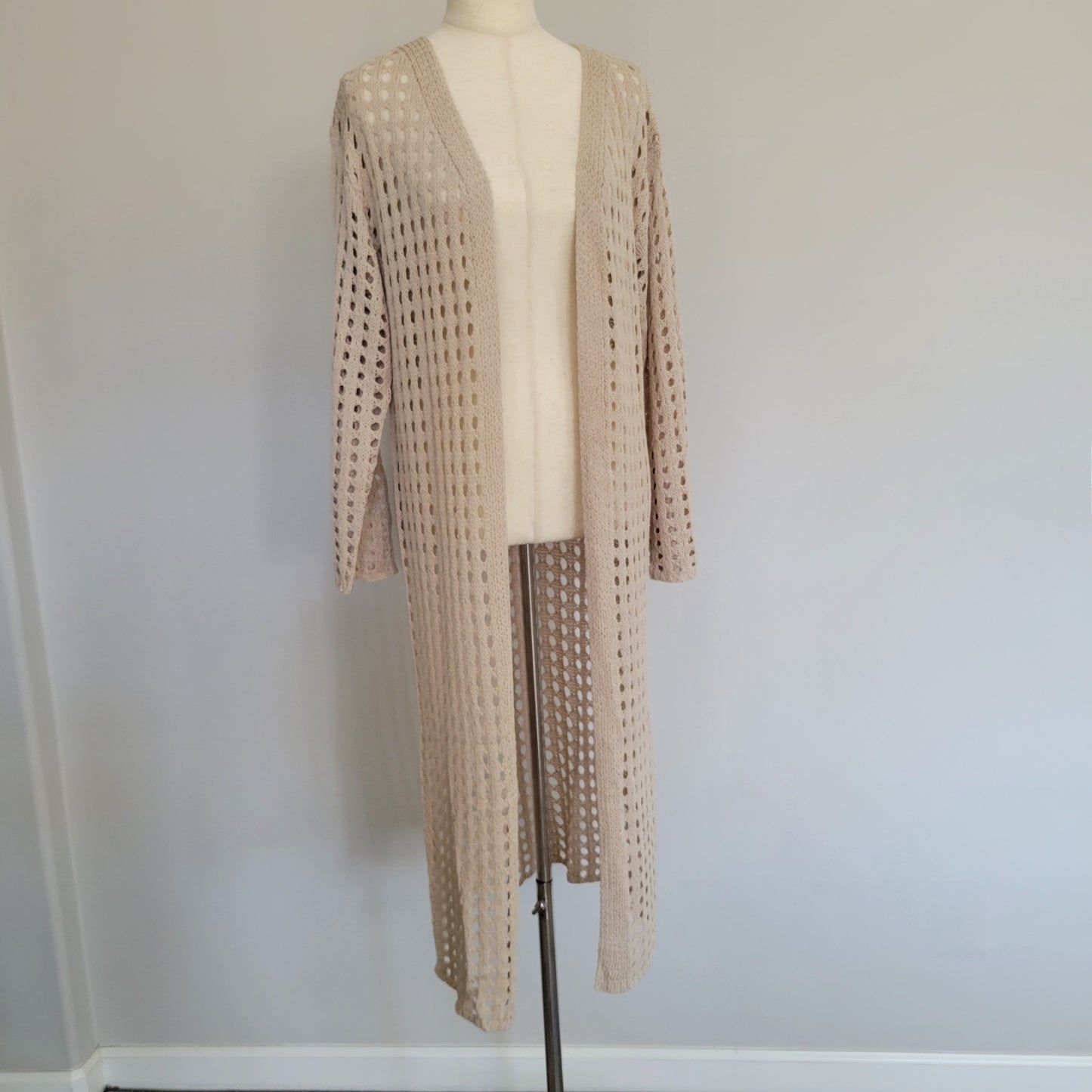 Open Knit Long Line Cardigan Beige Duster