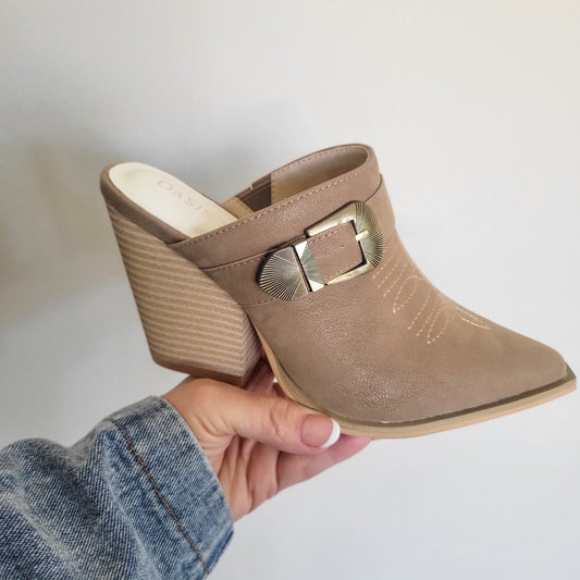 Western Buckle Detail Brown Mules
