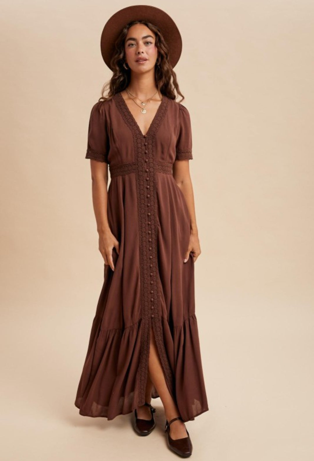 Knit & Lounge Women's Short Sleeve Button Front Lace Trim Maxi Dress - Brown - Maxi Dresses Knit & Lounge Women's Short Sleeve Button Front Lace Trim Maxi Dress - Brown - Maxi Dresses