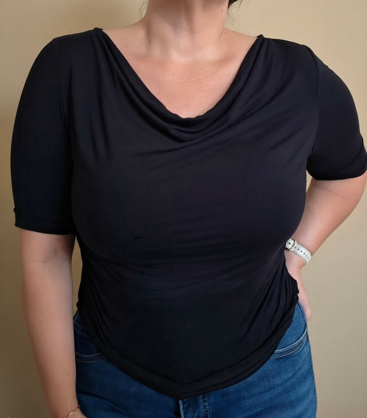 Soft Cowl Neck Short Sleeve Top Black