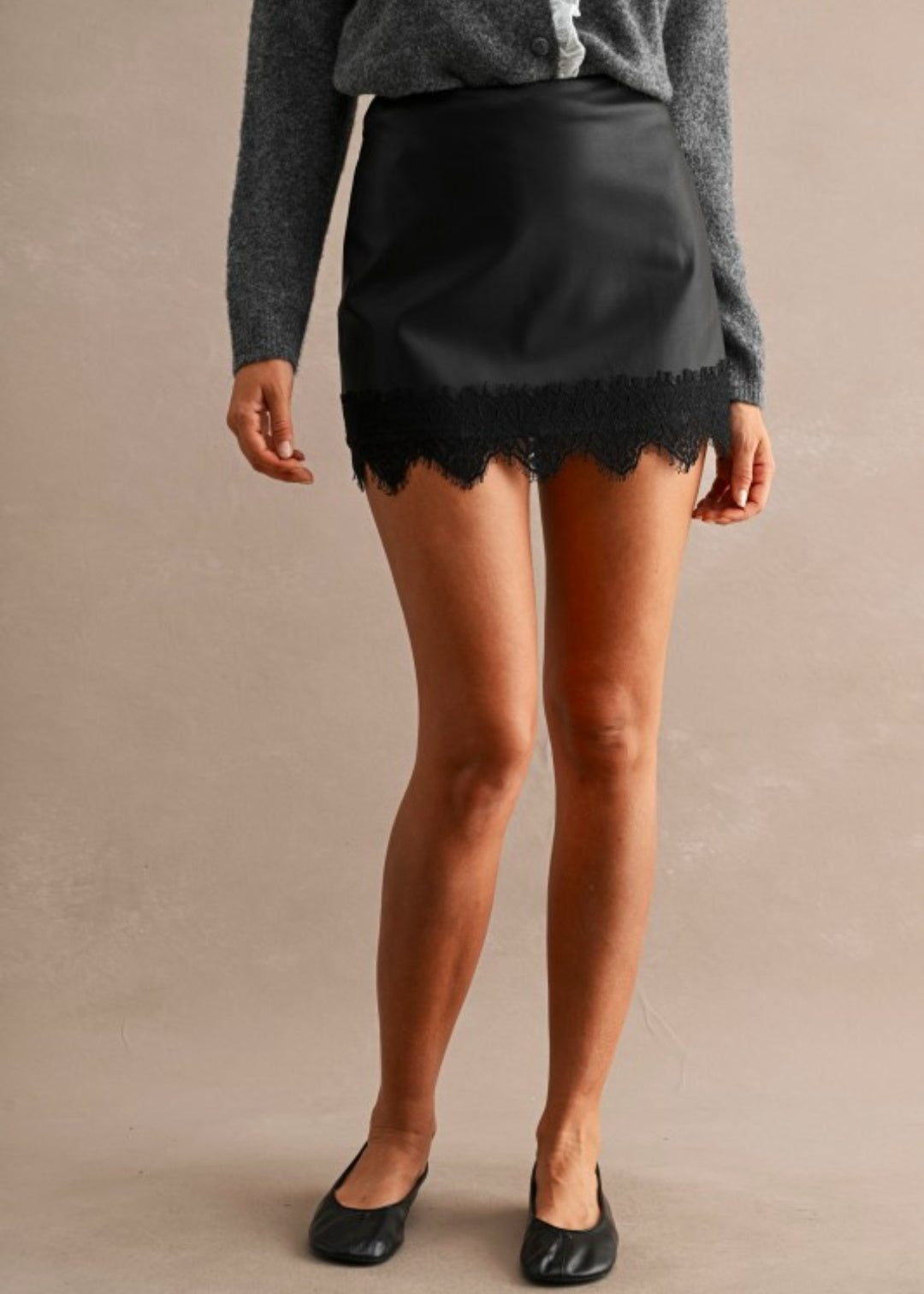 High-waisted Faux Leather Lace Trim Hem Mini Skort