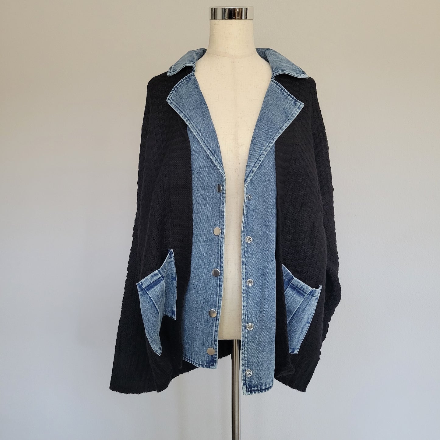 Oversized Denim Contrast Sweater Cardigan Black
