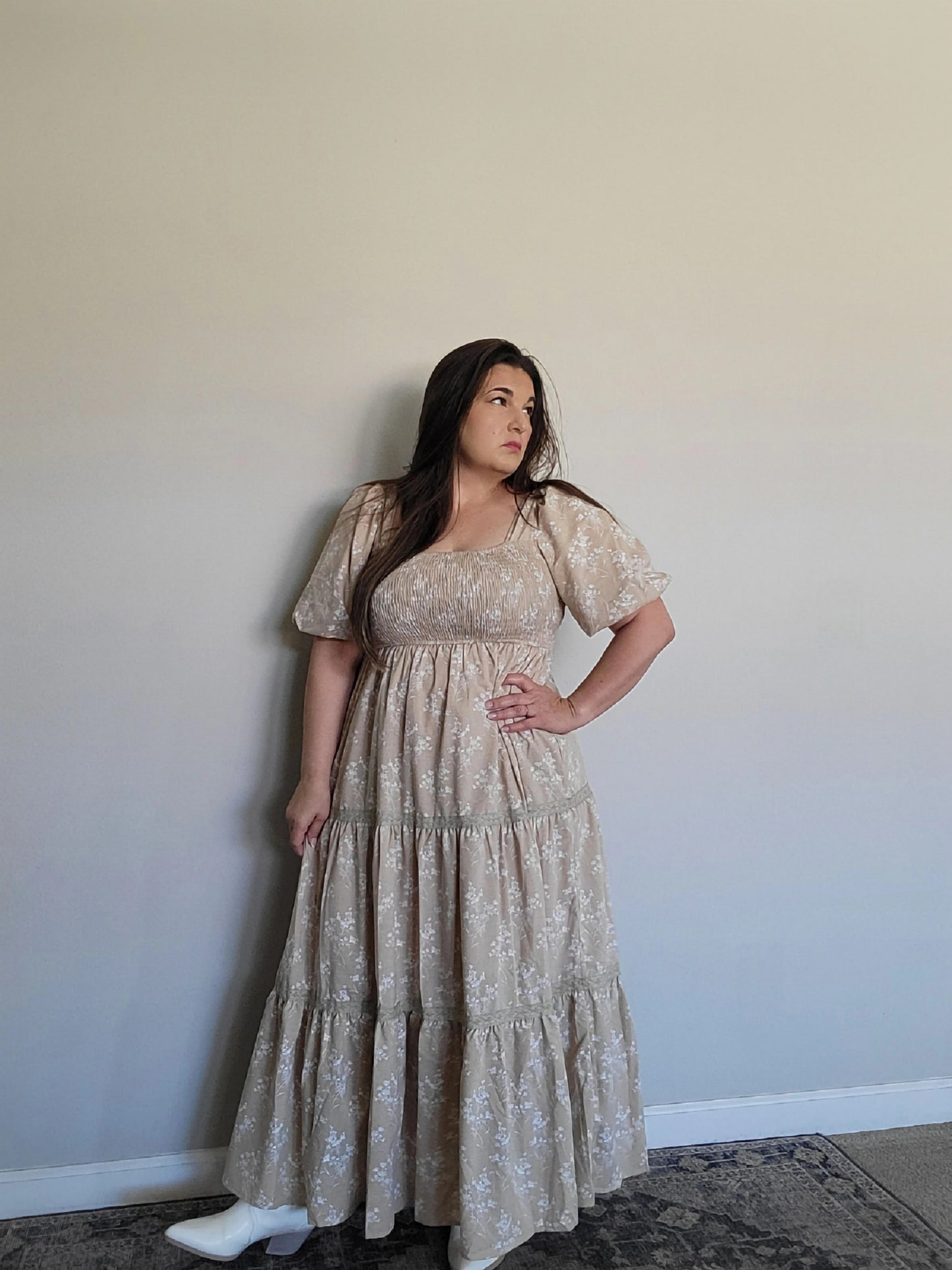 Taupe Floral Smocked Maxi Dress