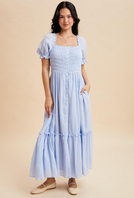 Karen Smocked Button Down Blue Aura Maxi Dress