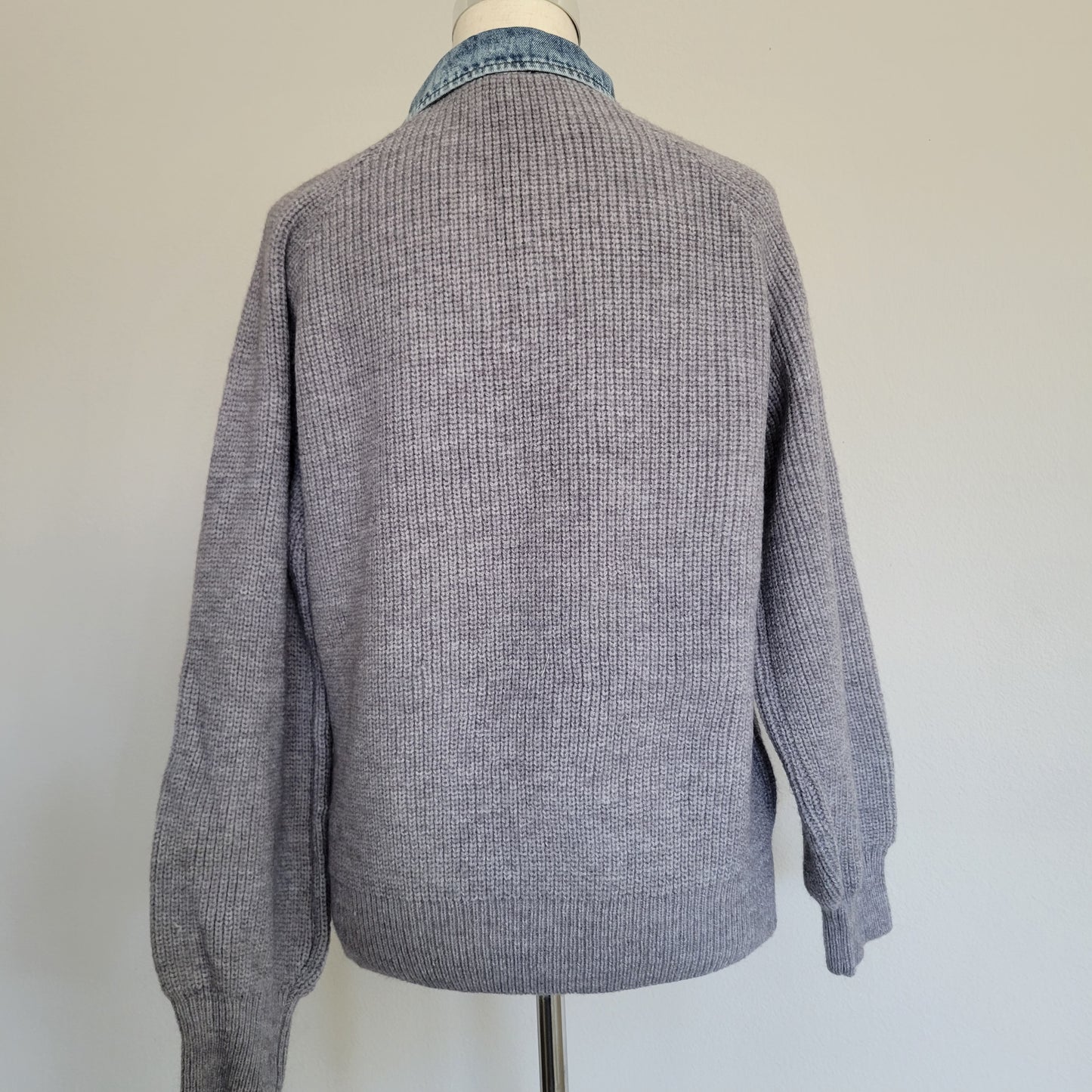 Denim Contrast Collared V Neck Sweater