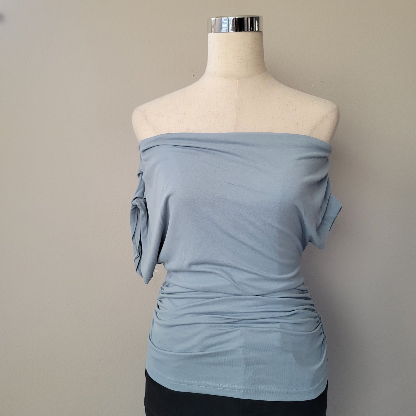 ASYMETRICAL Neck Line Ruched Top Dusty Blue